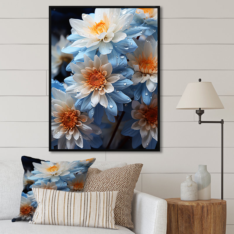«Blue and White Daisy Bloom Serenade», reproduction sur toile, H 40 po x l 30 po x P 1,5 po, Cadre flottant noir