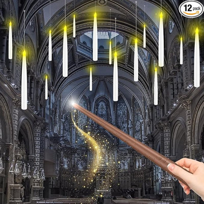 Halloween Decorations, Floating Candles With Wand, Magic Hanging Candles Flickering Warm Light Flameless LED Taper Candle With Wand Remote, Battery Operated Window Candles For Holiday Decor (12 Pack)