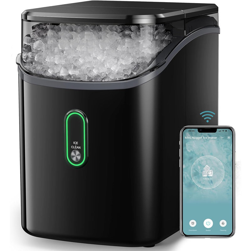 Countertop Ice Crusher Combines The Functions Of Making Soft, Chewy Ice Cubes With Portability. It Features One-Button Self-Cleaning And Powerful Ice-Crushing Capabilities, Producing 33 Pounds Of Ice In 24 Hours.(Black-APP）