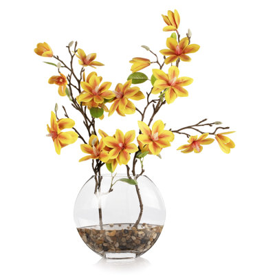 Real Touch Magnolia Flower Arrangement In Glass Vase With Faux Water (yellow)