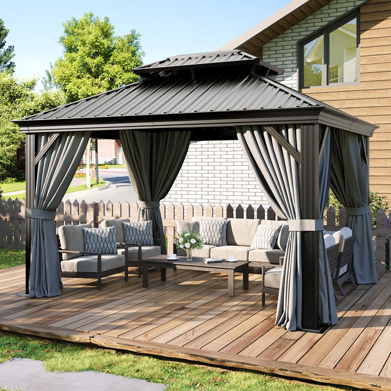 12x10 FT Hardtop Gazebo with Double Roof, 120mm Aluminum Posts & Built-in Gutter, Black & Grey, 12 Ft. W x 10 Ft. D