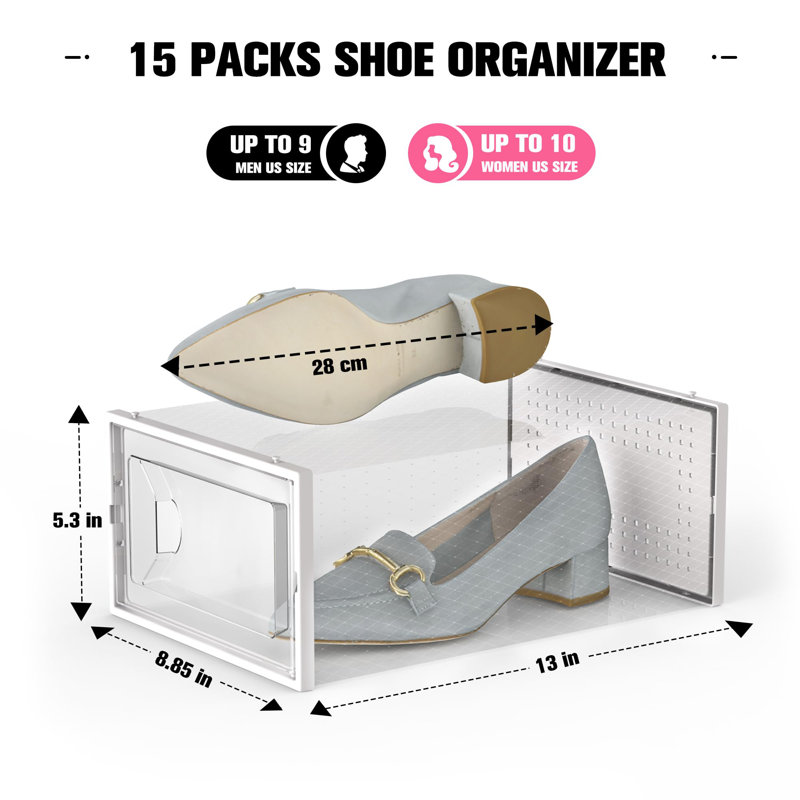 15 Pack Shoe Storage Boxes, Clear Plastic Stackable Shoe Organizer For Closet, Connect Left And Right Shoe Boxes Case Container Bin For Entryway, Drop Front, Fit For Size 10 White