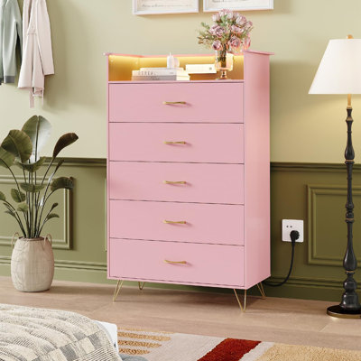 App Controlled LED Dresser with Charging Station & Music Sync, Tall 5-Drawer Storage Cabinet for Bedroom, Living Room
