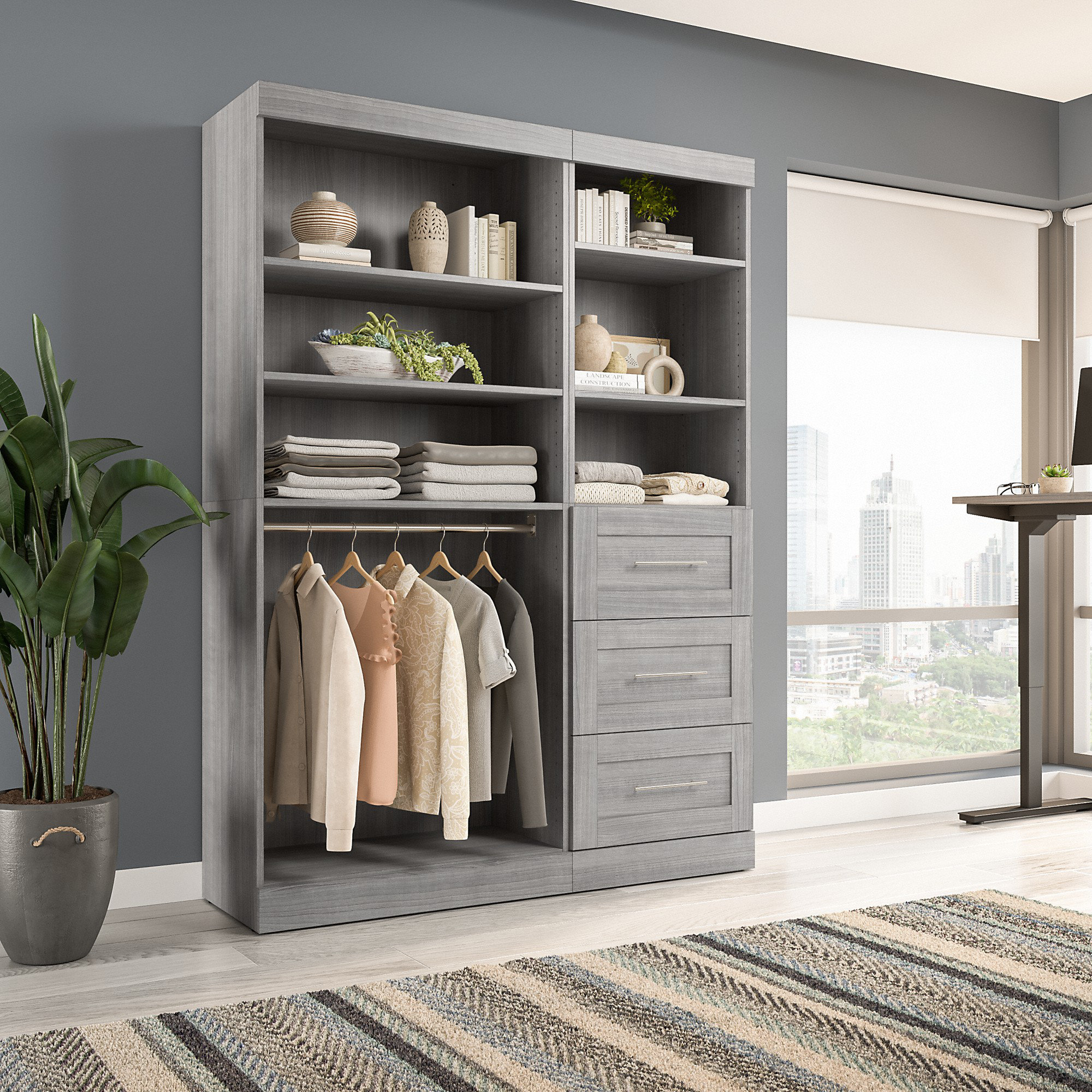Bestar Versatile 36 Corner Engineered Wood Closet Organizer in Linen White Oak