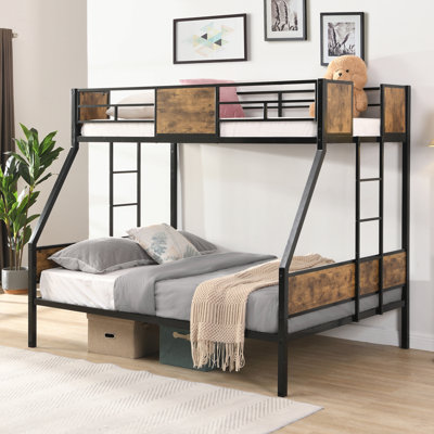 Lit superposé simple au-dessus d'un lit double en métal avec échelle à 2 côtés et garde-corps sur toute la longueur, sans sommier, grand rangement sous le lit