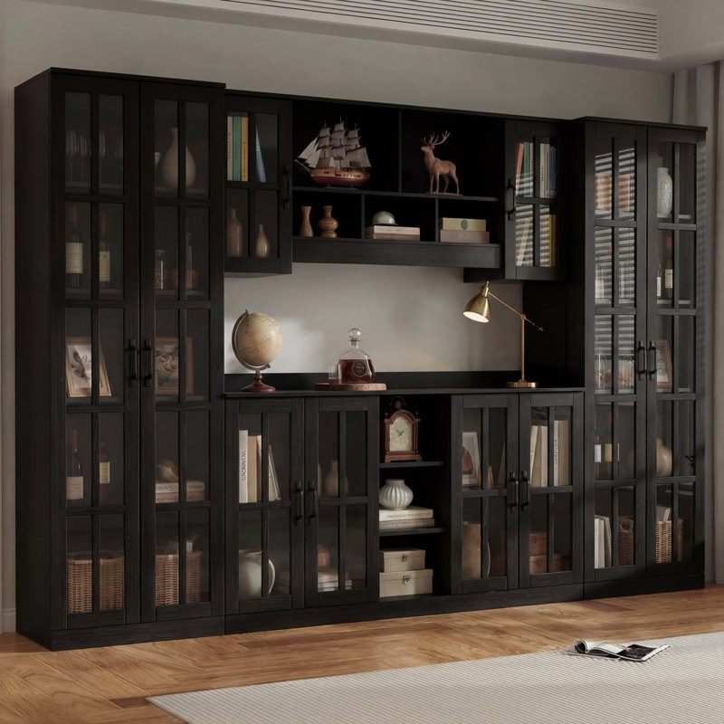 Bibliothèque 71 po x l 106 po, portes en verre, tablettes réglables, bibliothèque modulaire, Noir