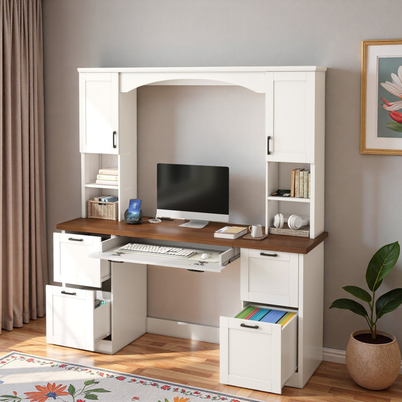 Bureau d'ordinateur Farmhouse Arched avec station de charge, plateau à clavier, tiroirs classeurs, armoires et tablettes ouvertes