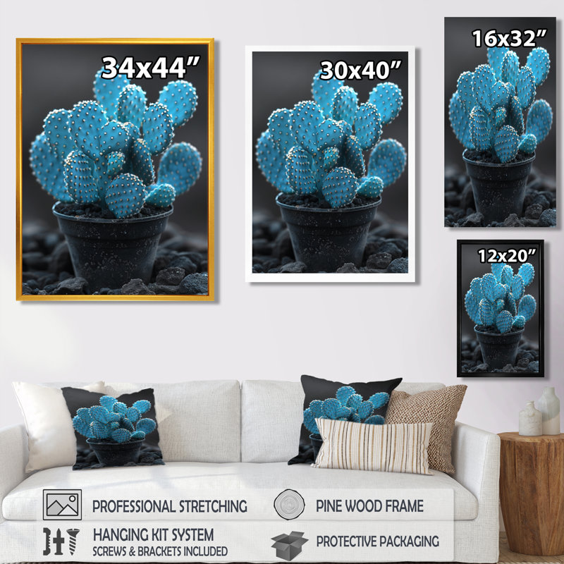 Bleu et gris, photo monochrome de cactus dans un vase - cactus floral, Toile brune avec cadre flottant