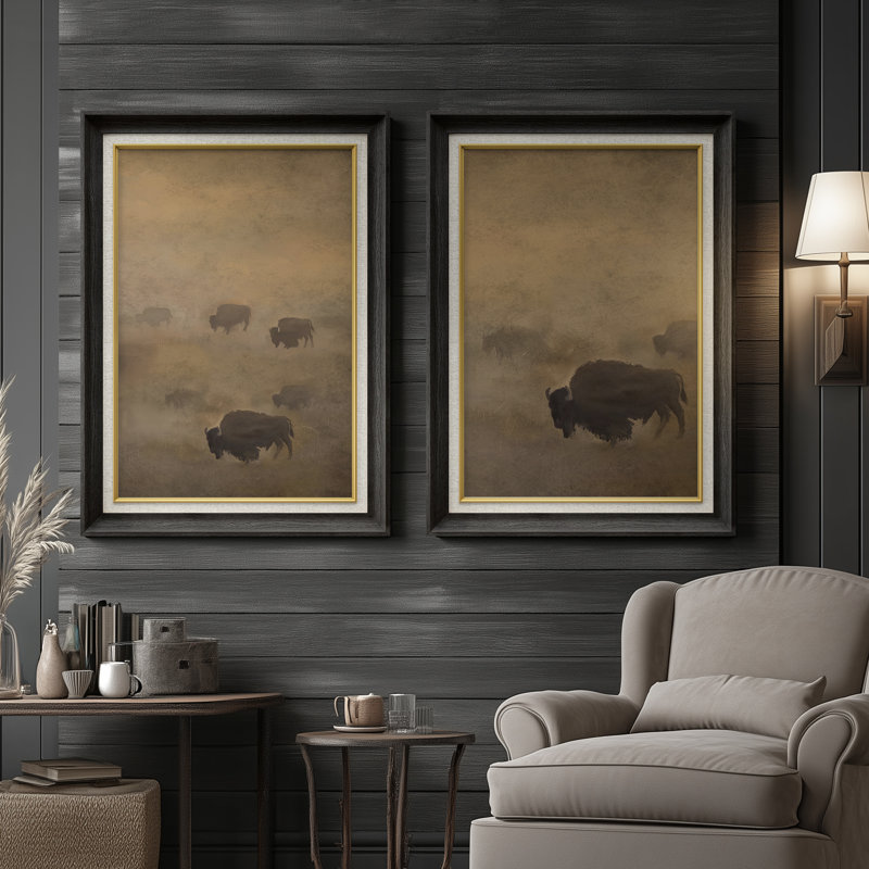 Bison Herd Silhouette Moody Western - ensemble de 2 reproductions d'art encadrées sur papier de qualité supérieure 26 po x 36 po