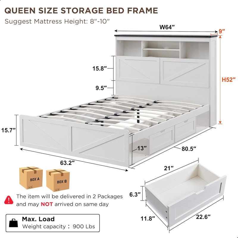 Chantise Farmhouse Queen Platform Bed with Storage and Headboard, Wood Platform Bed Frame with Charging Station and Drawers, No Box Spring Needed