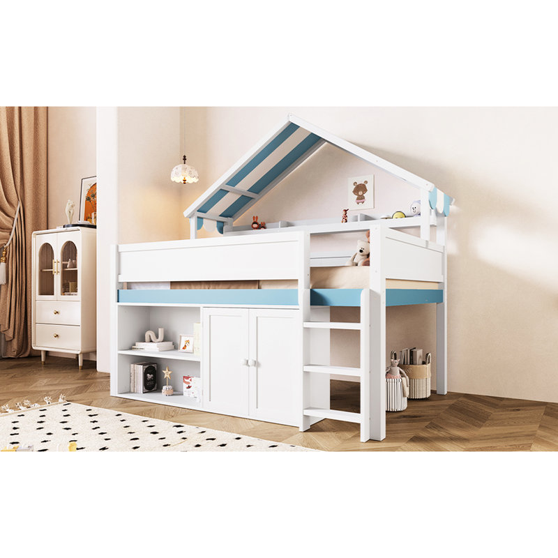 Lit mezzanine double avec auvent et rangement, design pastel doux, tablettes intégrées pour ranger les fournitures, ambiance de chambre à coucher confortable, rangement pour armoires