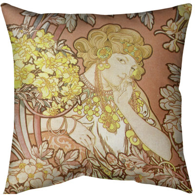 Coussin alphonse mucha femme entre les fleurs