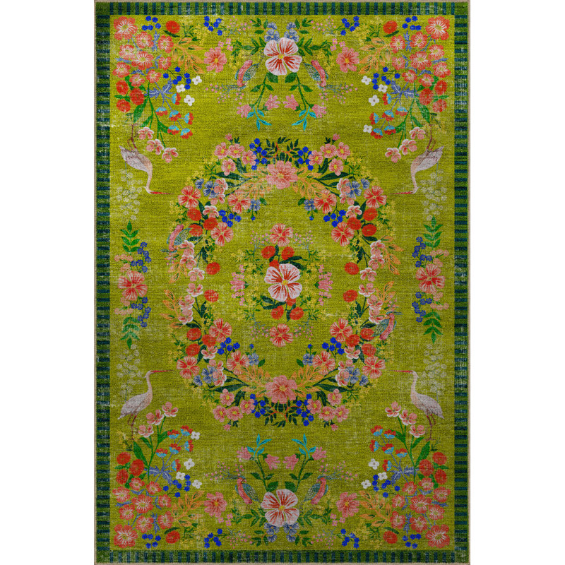 Green Theme Multicolored Floral Patterned Colorful Woven Base Carpet, Rectangle 5'2" x 7'11"