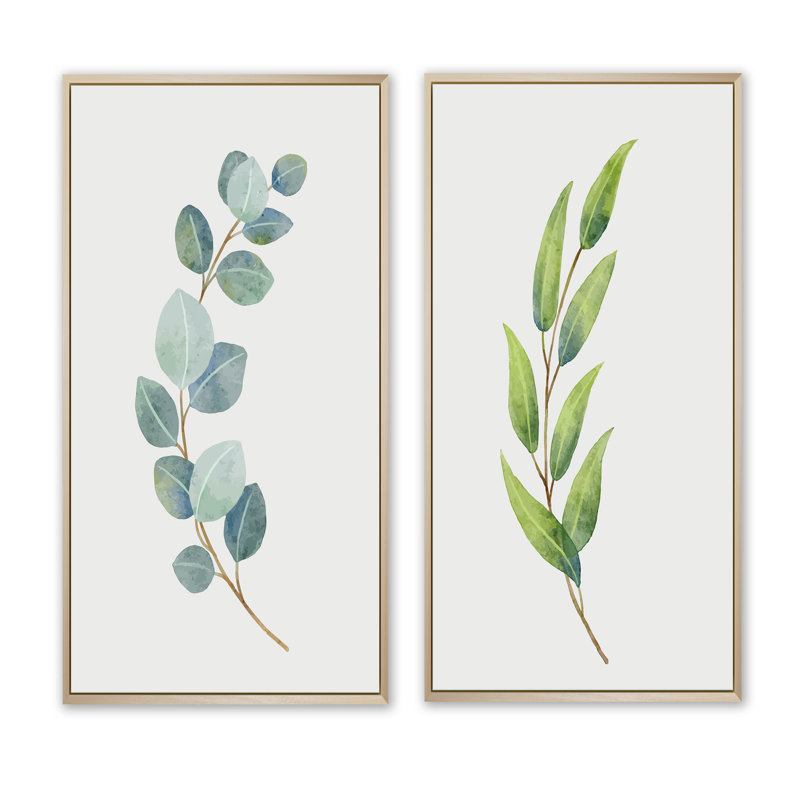 «Green Otanical Leaves and Flower V», ensemble de 2 impressions, H 20 po x l 24 po x P 1 po, Toile avec cadre brun