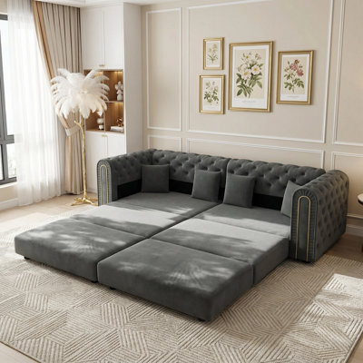 90.6" 3-In-1 Convertible Sleeper Sofa,Elegant Modern Couch With Button Tufted And Gold Edge Trim,3-Seater Couch With Movable Ottoman For Living Room,Apartment,Office,Bedroom