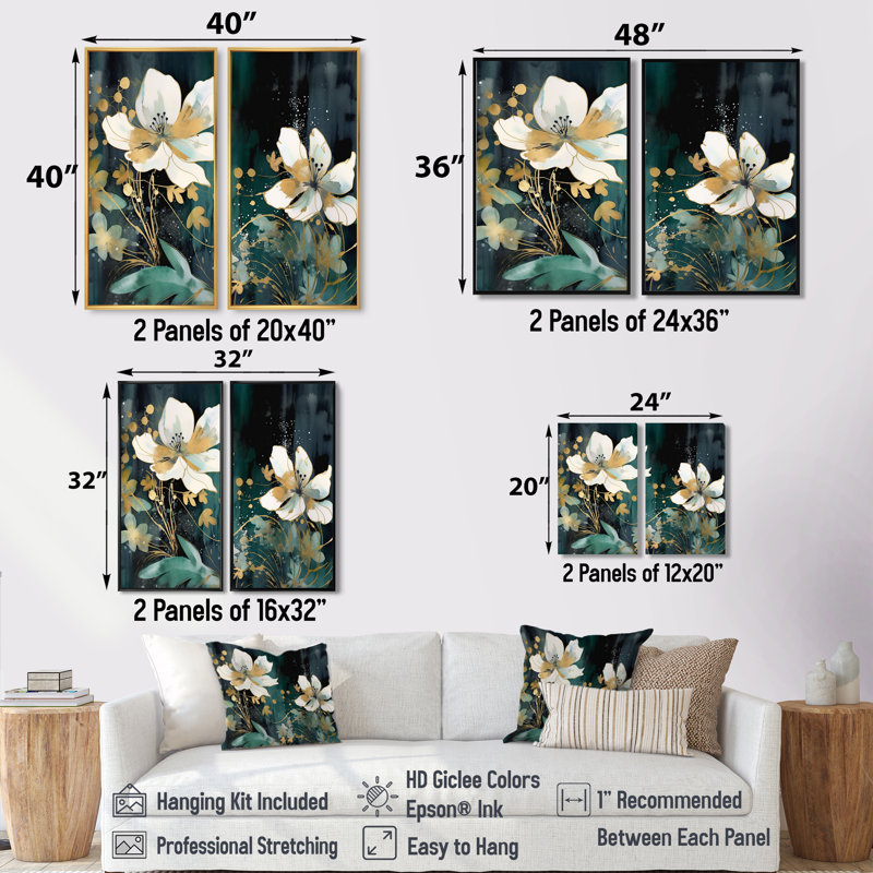 Plantes blanches bleu sarcelle dans le chaos IV - art mural sur toile blanc 2 panneaux, H 20 po x l 24 po, Toile tendue