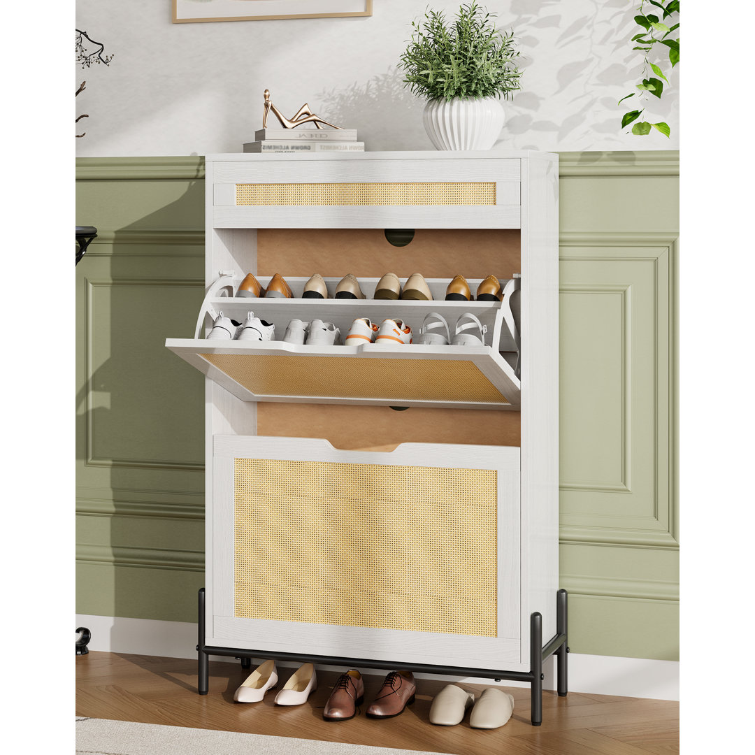 Slim Rattan Shoe Cabinet – 3 Turn Drawers – Adjustable 3-Tier Wooden Storage Organizer, Freestanding Modern Farmhouse Entryway Furniture for Hallway o