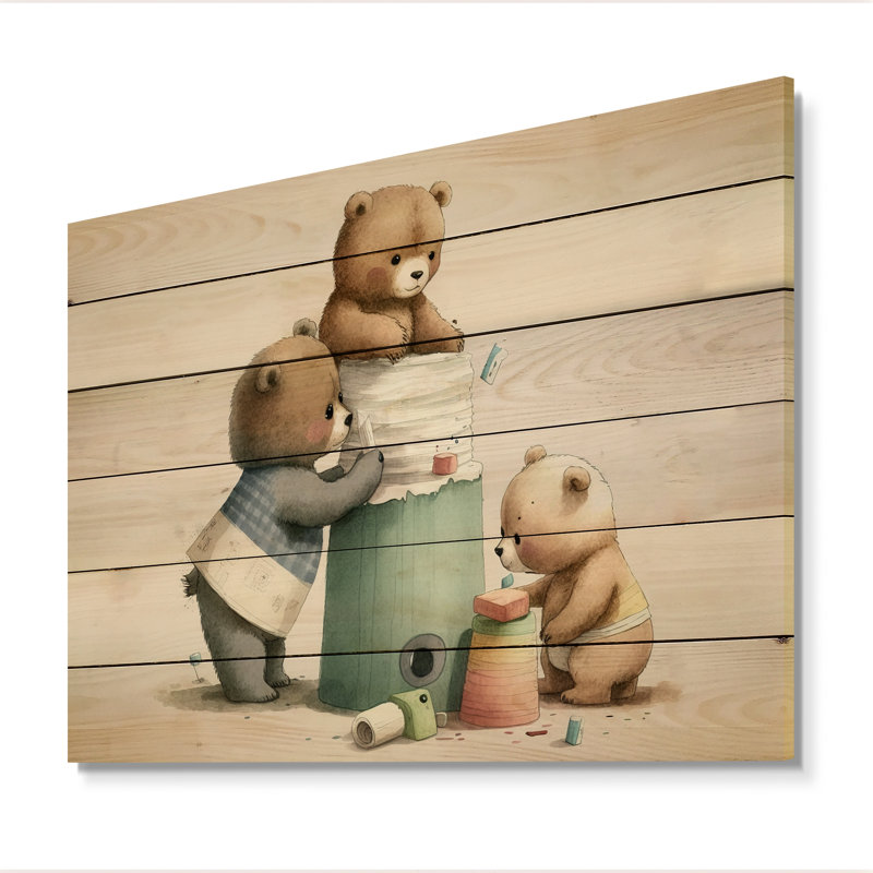 Ours en peluche construisant une tour de papier hygiénique - impression, H 30 po x l 40 po x P 1,5 po