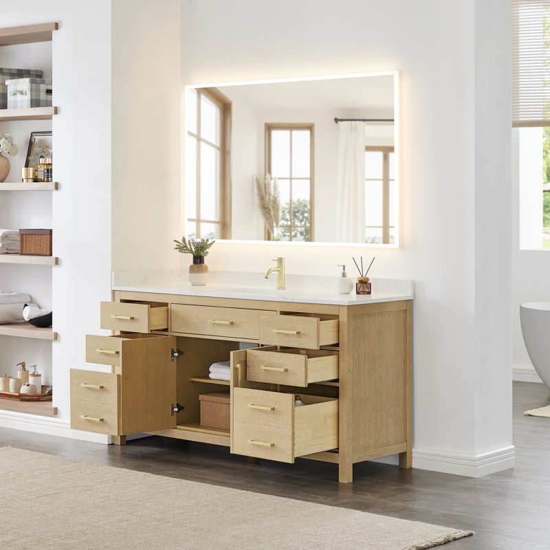 Beckett 66" Freestanding Single Bathroom Vanity with Cultured Marble Top, Whitewashed Oak, Brushed Gold