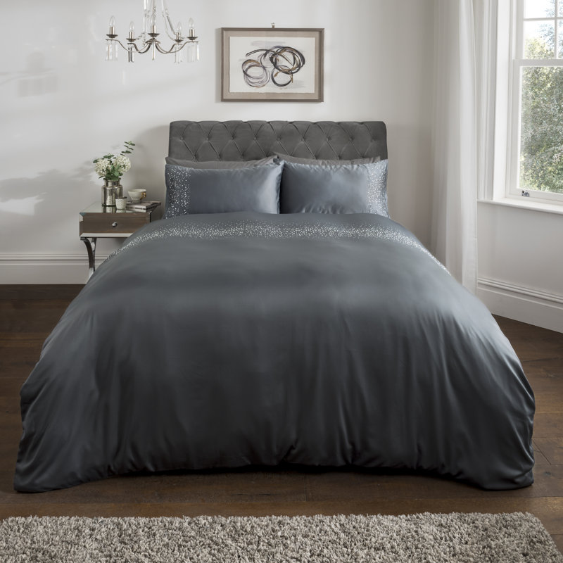 Absalon Polyester Solid Colour Duvet Cover Set with Pillowcases, Super King - 2 Standard Pillowcases, Charcoal