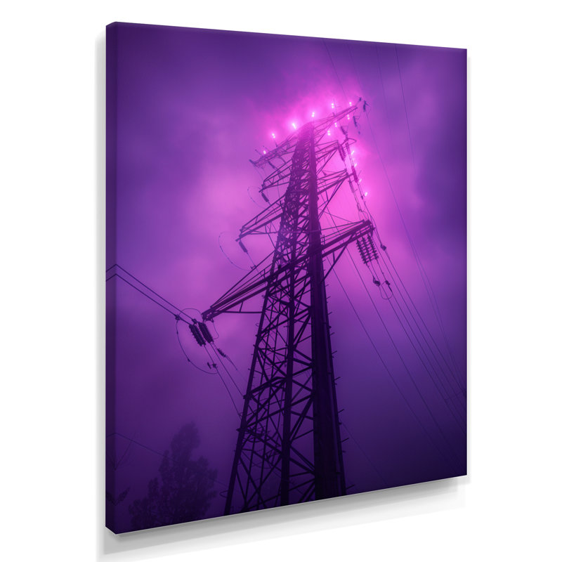 Éclipse mauve, lignes électriques - Photo II, Toile tendue, H 20 po x l 12 po x P 1 po