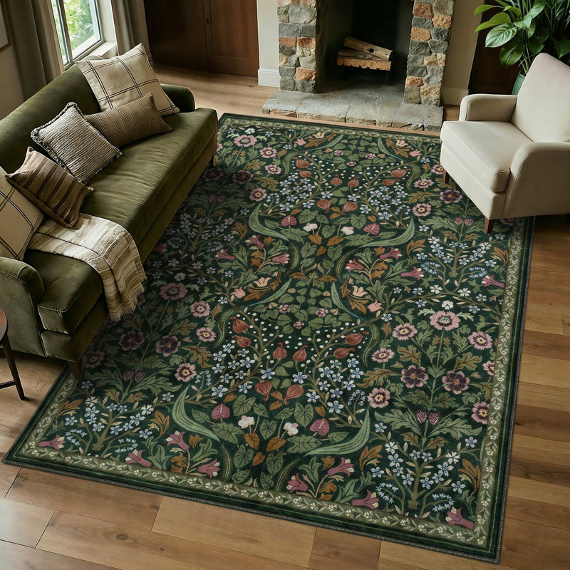 Tapis lavable à motif floral Kaldi, Rectangulaire 8 pi x 10 pi, Vert