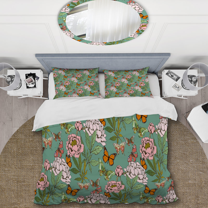 Ensemble de housse de couette en microfibre vert / rose / blanc 3 pièces, Housse de couette simple + 1 taie décorative stan