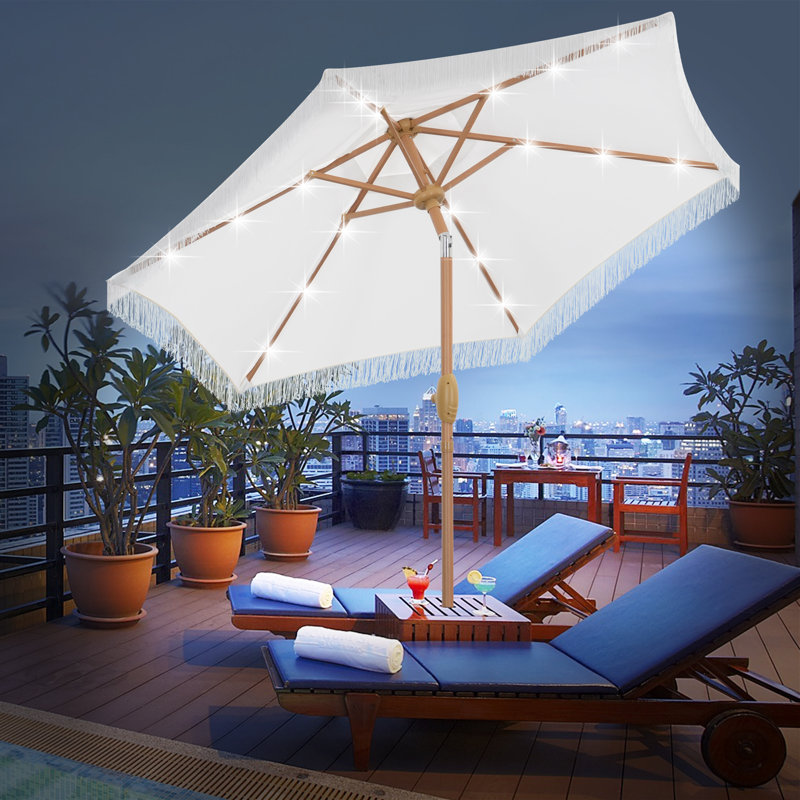 Oshiro 90'' Lighted Market Umbrella with Crank Lift, White