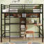 Lit mezzanine en métal et bois avec bureau en L et tablettes