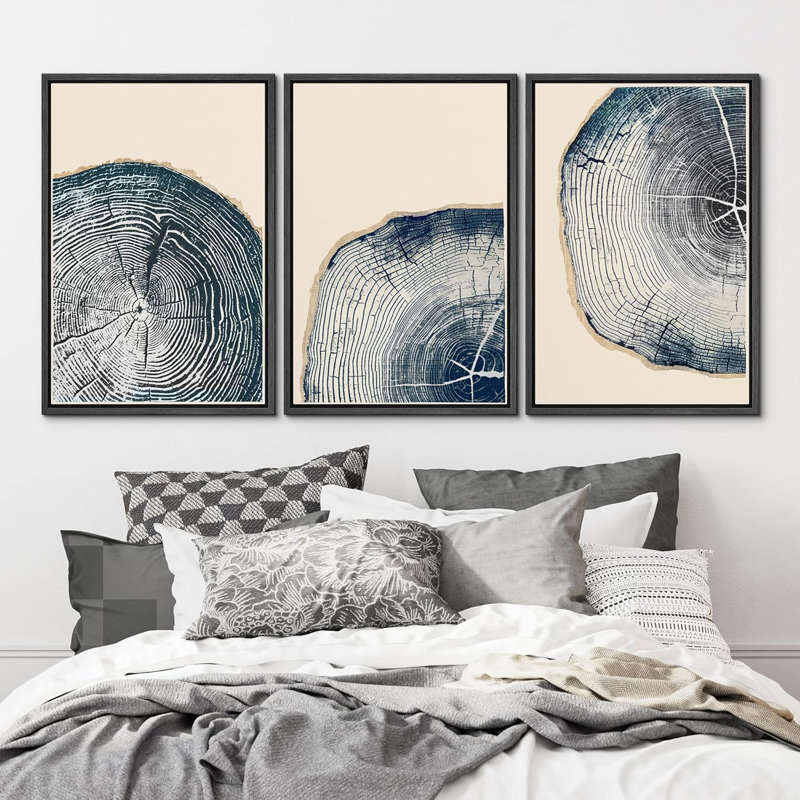 Navy Blue Wood Tree Ring Framed On Canvas 3 Pieces Print, 36" H x 24" W x 1.5" D, Black