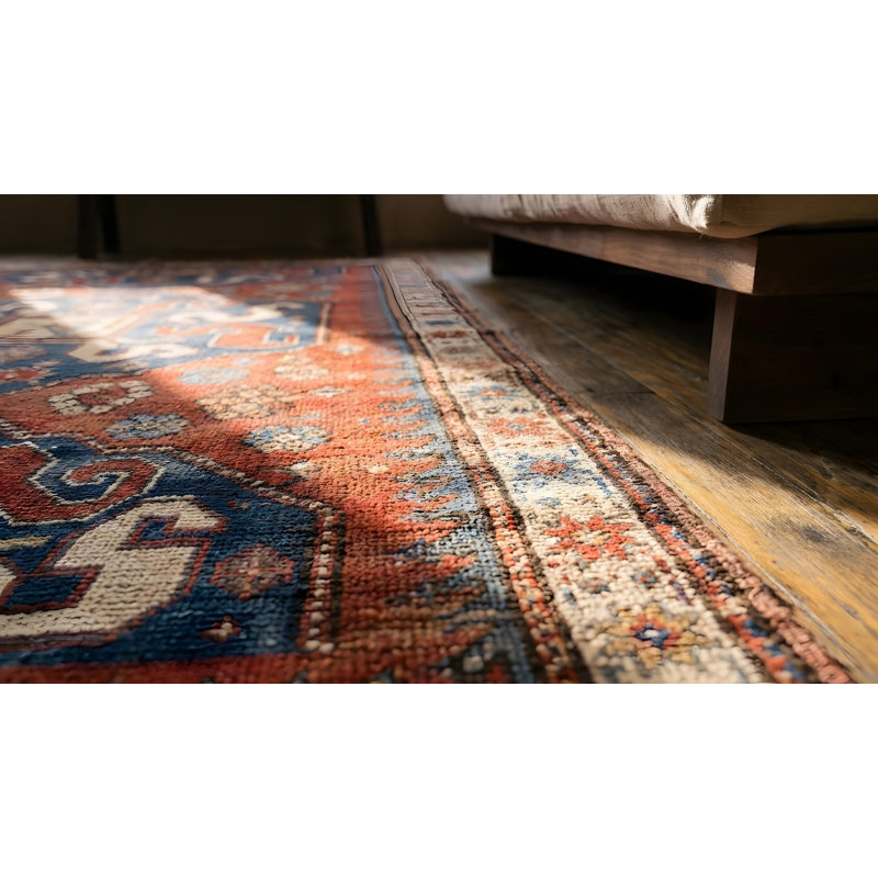 Red and Blue Antique Wool Pile Tribal Caucasian Kazak Rug