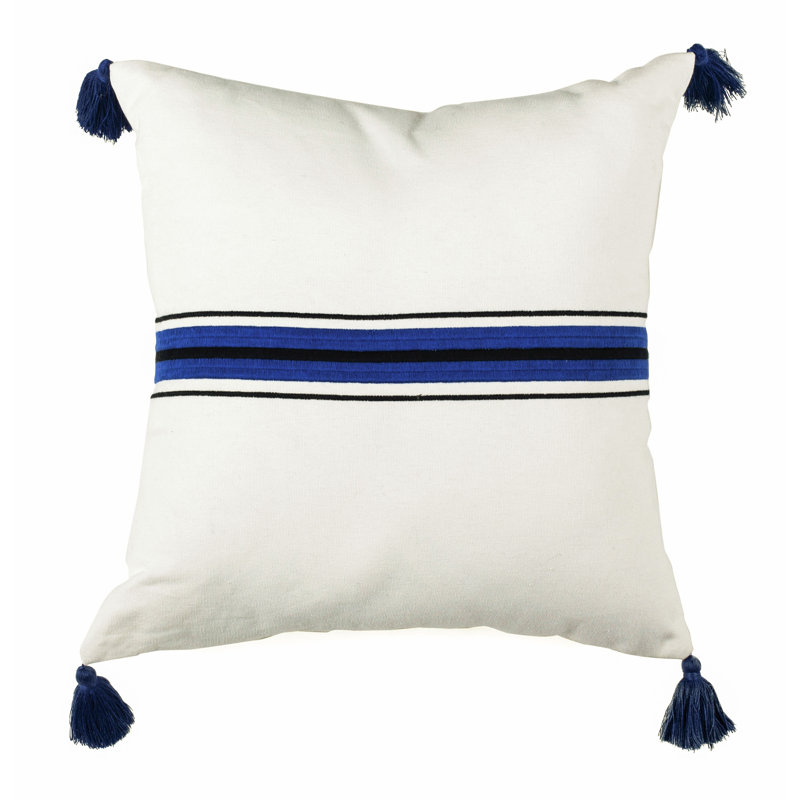 Orlanda 16'' Blue and White Cotton Throw Pillow with Tassels