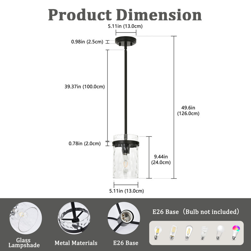 Levona 1-Light Medium 5.1" Cylinder Hammered Glass Kitchen Island Pendant, Adjustable Height (Set of 2), Matte Black