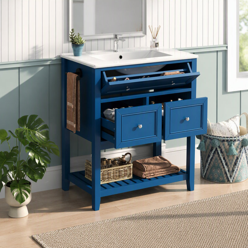 Meuble-lavabo de 76 cm avec lavabo en céramique – Meuble de rangement autoportant avec tiroir basculant, 2 tiroirs et tablette ouverte à lattes, porte-serviettes latéral réversible, poignées argentées, MDF