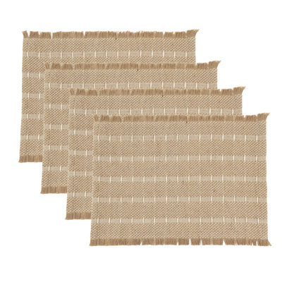 Napperons texturés en jute et en laine (ensemble de 4) - Rayures tissées à franges pour les tables de salle à manger, de réceptions et de tous les jours, 13 po x 19 po