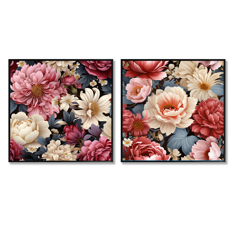 Astrid - Ensemble de 2 collages floraux carrés, Cadre flottant noir, H 30 po x l 61 po