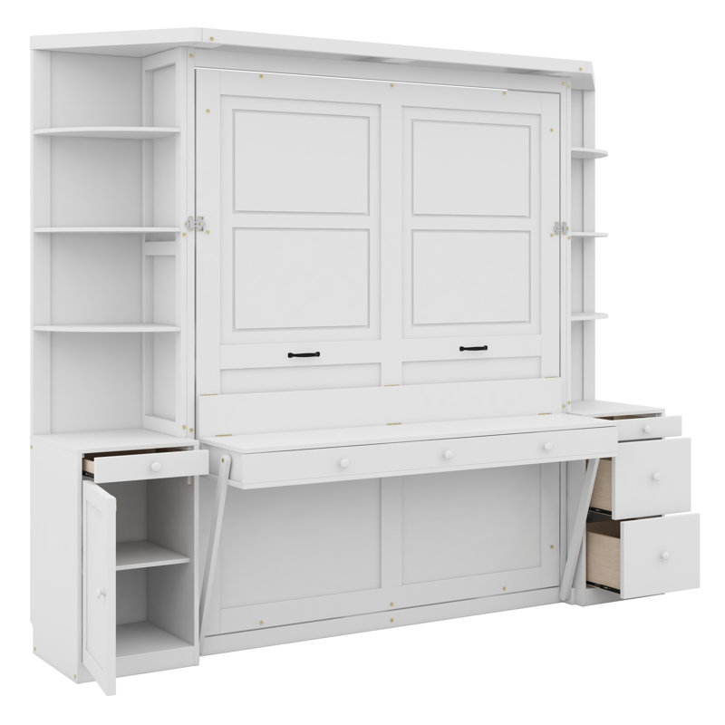 Lit escamotable avec bureau intégré, tablettes et armoires, Blanc