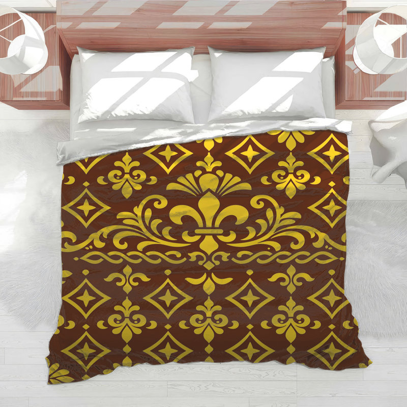 Édredon jaune à motif damassé brun, Twin