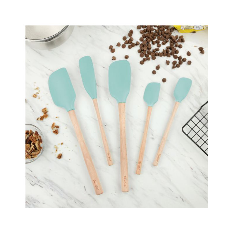 Flex-Core Spatula Wood Handle Set of 5 - White, Light Aqua