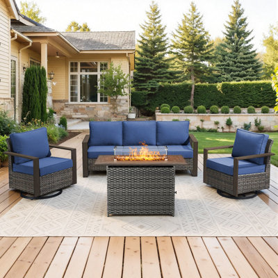 Drazen 5 - Person Patio Furniture Set With Fire Pit Table, All-Weather Wicker Outdoor Conversation Set With Chair And Thick Cushions