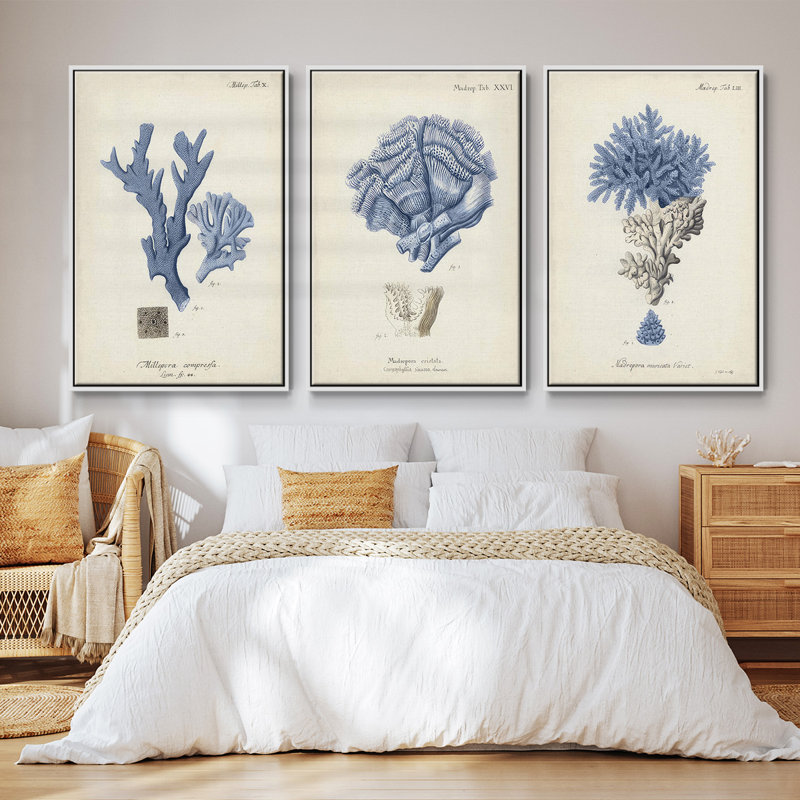 Indigo Botany Study I, ensemble de 3 toiles encadrées sur toile, Cadre blanc, H 27 po x l 54 po