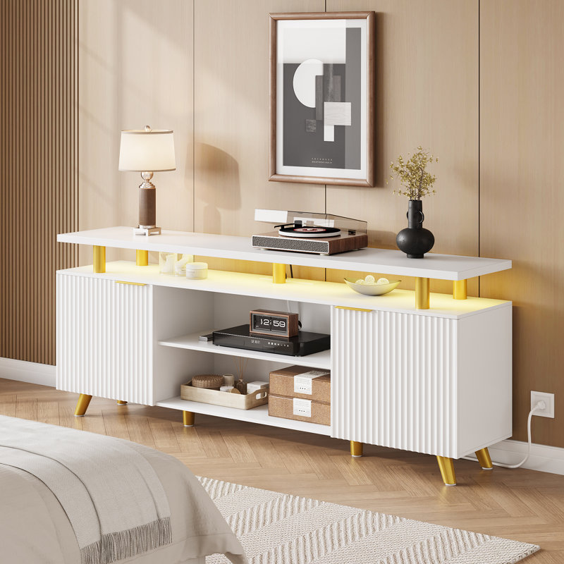 59" Modern TV Stand for TVs up to 65",TV Console with LED Lights, Power Strip, USB Ports & Adjustable Storage, White/Gold