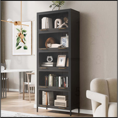 78.75" Tall Iron Display Cabinet with Glass Doors, 5-Tier Steel Bookcase with LED Lights for Collectibles, Modern Style Curio Cabinet for Home and Office - Black