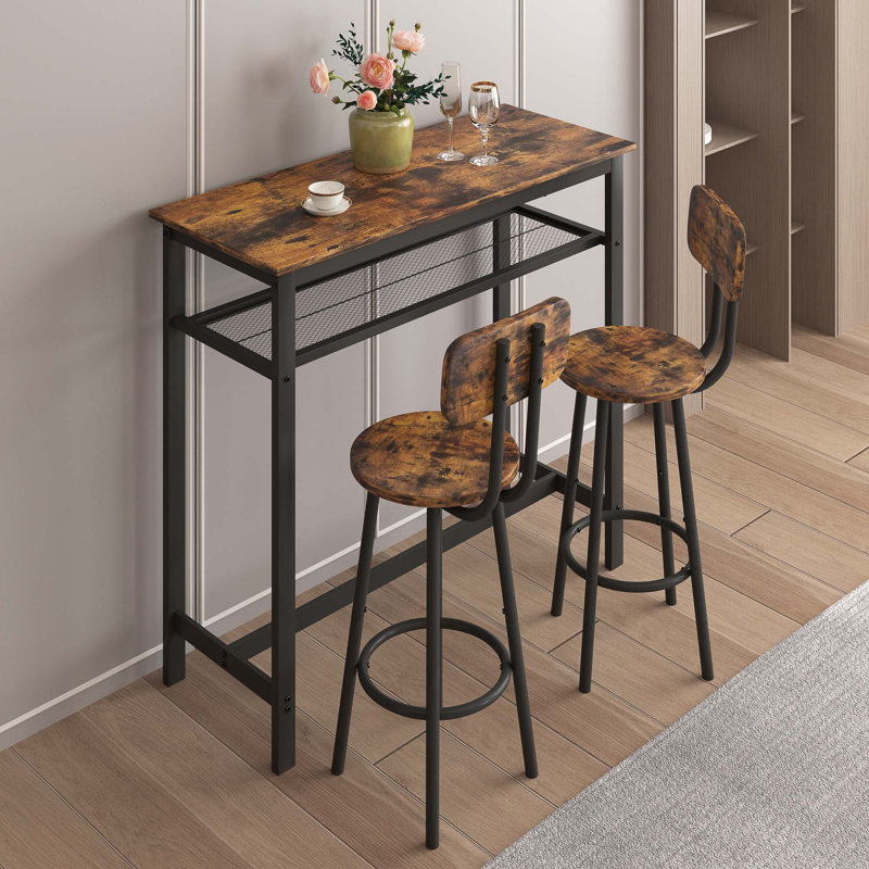Table de bar, équipée de 2 tabourets de bar, avec dossier et cloison, Brun / Noir, Brun / Noir