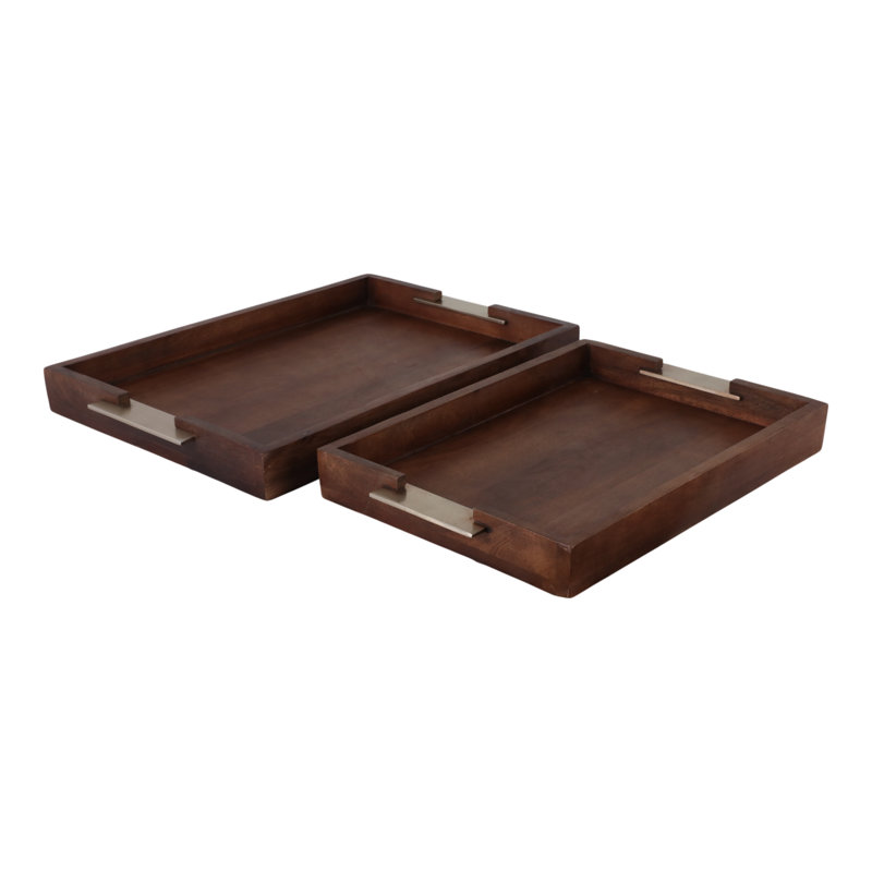 Wood & Aluminum Serving Trays With Brass Handles - Decorative Nesting Trays For Home, Office, Bedroom & Living Room - Set Of 2 - 2" Brown