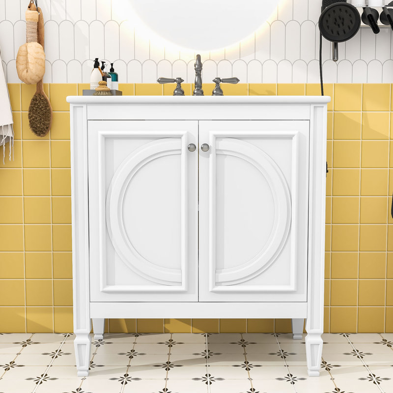 Meuble-lavabo contemporain avec lavabo en céramique lisse, portes à fermeture douce et grand rangement, Blanc