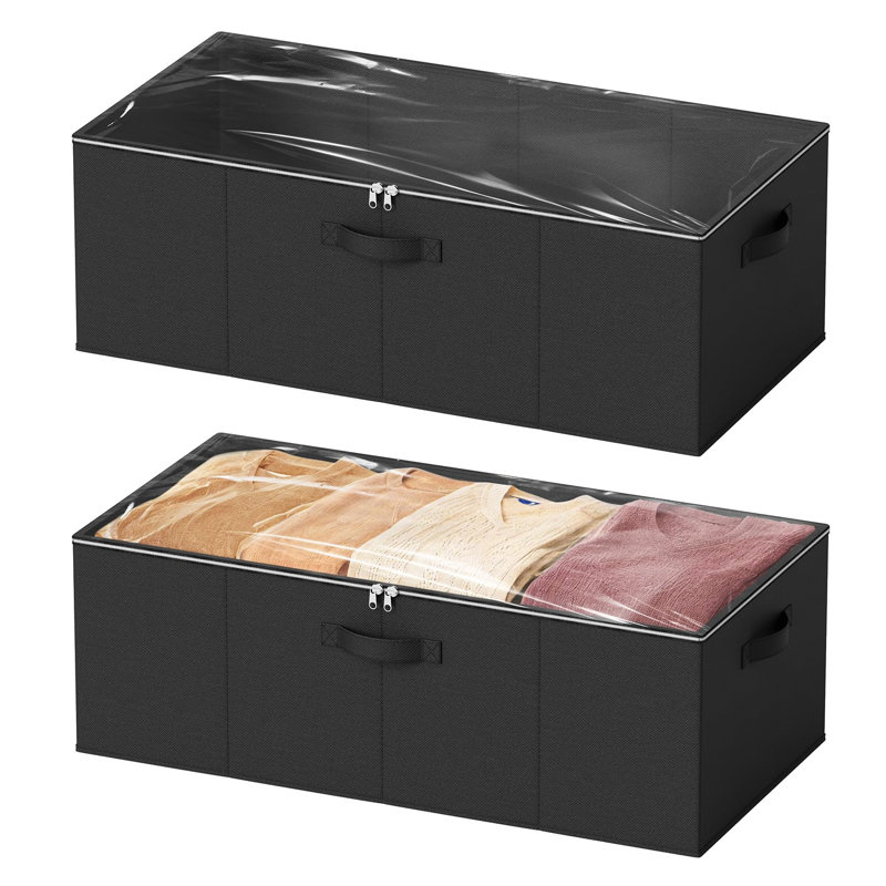 2 Pack 10" High Under Bed Storage Containers, Large Underbed Storage Organizer Bins With Lids, Black, Black