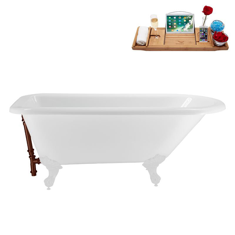 62" Streamline Clawfoot Tub,Tray,Drain, Clawfeet, Glossy White, Matte Oil Rubbed Bronze