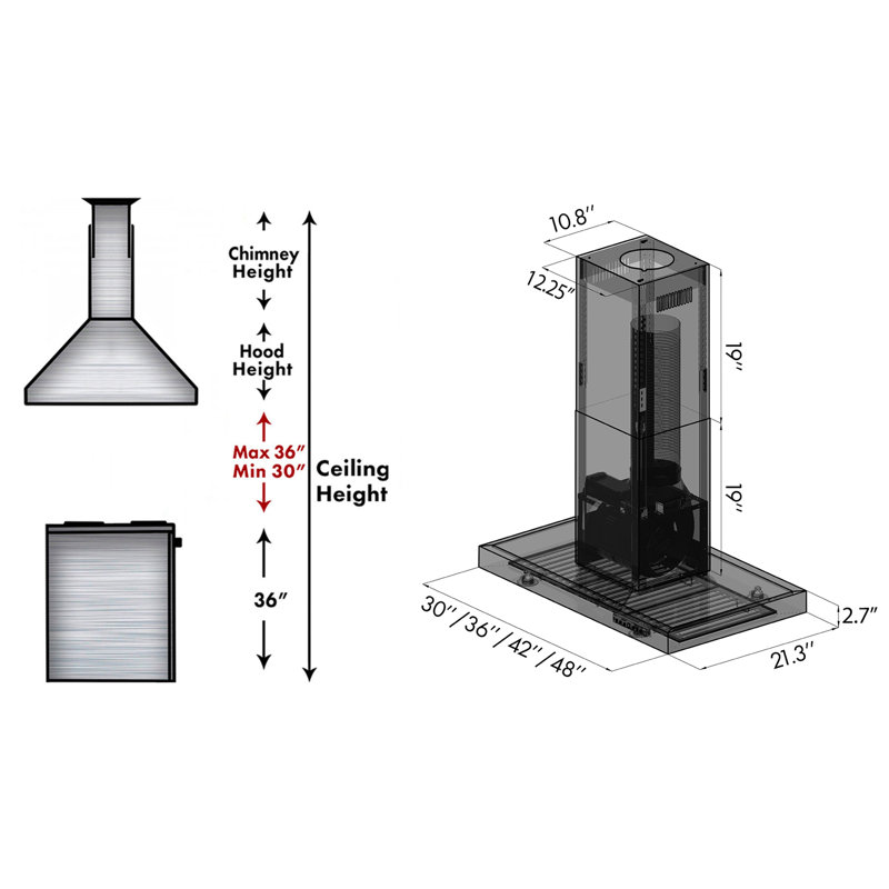30" 400 CFM Convertible Island Range Hood, Stainless Steel, 30"