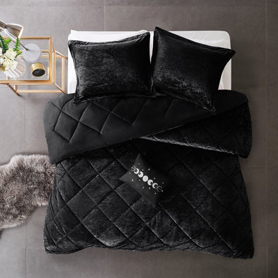 Édredon simple / simple TG en velours - noir, matelassé losangé, lavable à la machine avec coussin, lavable, jeté